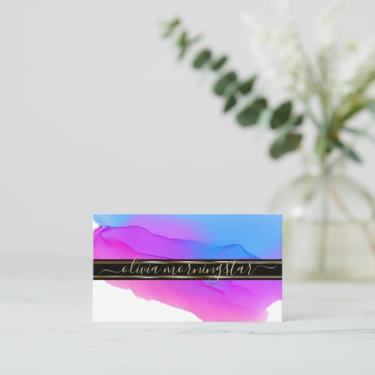 Luxe抽象芸術水彩インクブロツブルーバイオレット3 名刺 (スタンド正面)