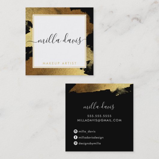 LUXE金ゴールドかわいらしグモダンラムトレンディーブラック スクエア名刺 (正面/裏面)