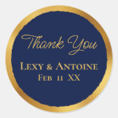 Luxe金ゴールドエッジNavy Blue Thank You Names Date ラウンドシール (正面)