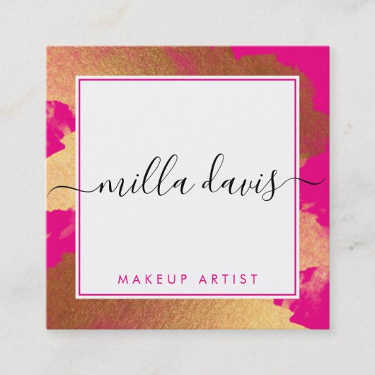 LUXE金ゴールドグかわいらしラマモダンーの輝くピンク スクエア名刺 (正面)