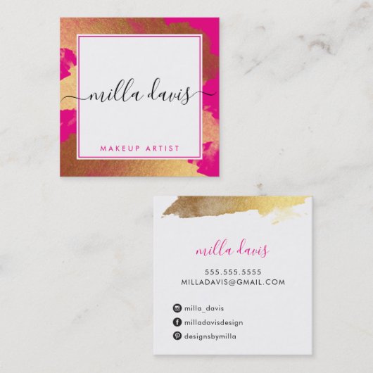 LUXE金ゴールドグかわいらしラマモダンーの輝くピンク スクエア名刺 (正面/裏面)