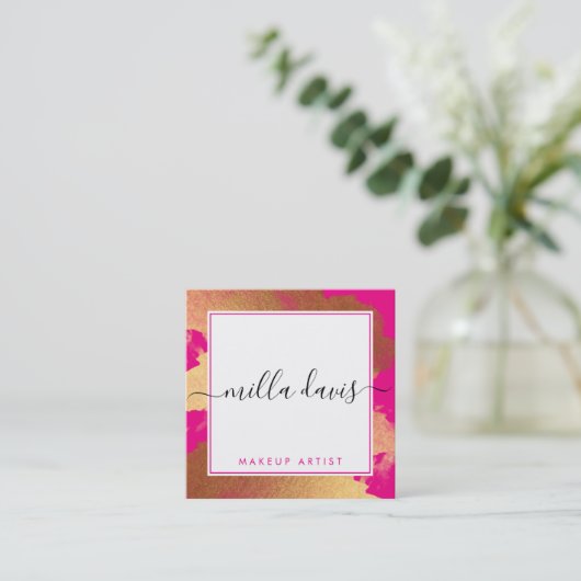 LUXE金ゴールドグかわいらしラマモダンーの輝くピンク スクエア名刺 (スタンド正面)