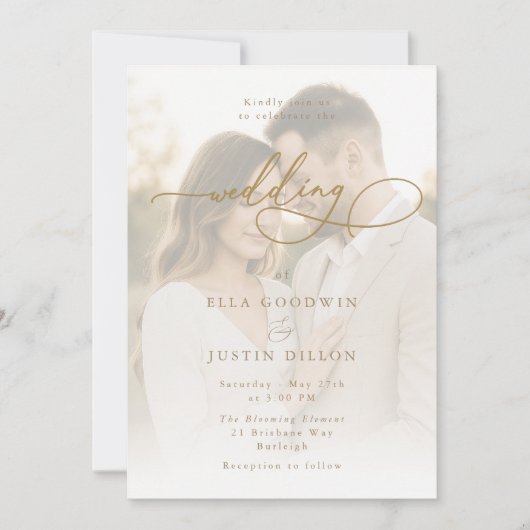 Luxe金ゴールドスクリプト&ポートレート結婚ズ 招待状 (正面)