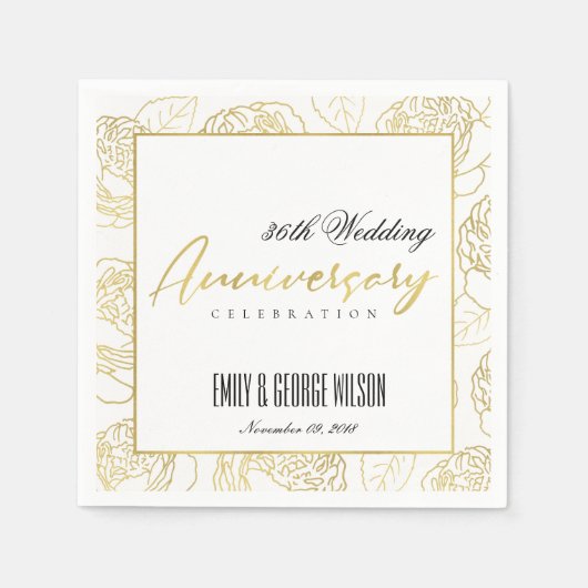 LUXE金ゴールドホワイトローズフローラ任意の年 スタンダードカクテルナプキン (正面)