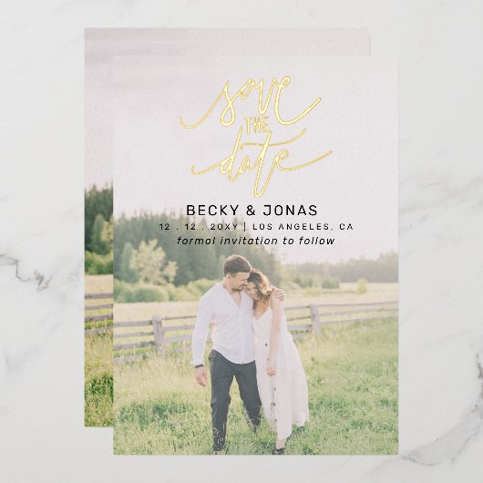 Luxe金ゴールド書道2枚の写真保存日時 箔招待状 (正面/裏面)