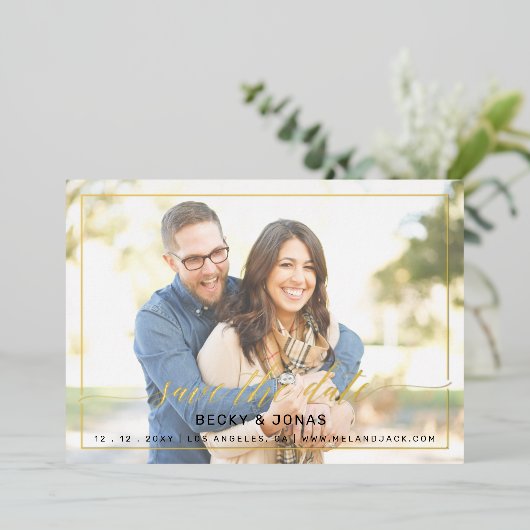 Luxe金ゴールド書道2枚の写真保存日時 箔招待状 (立ち正面)