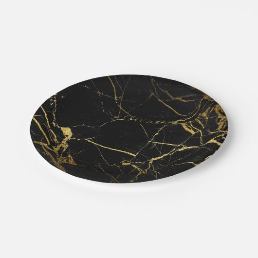Luxe Blackと金ゴールド大理石テクスチャ ペーパープレート (アングル)