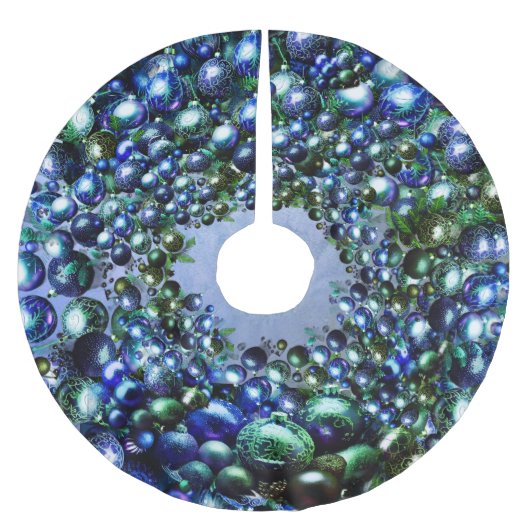 Luxe Blue Green Christmas Tree Skirt ブラッシュドポリエステルツリースカート (正面)