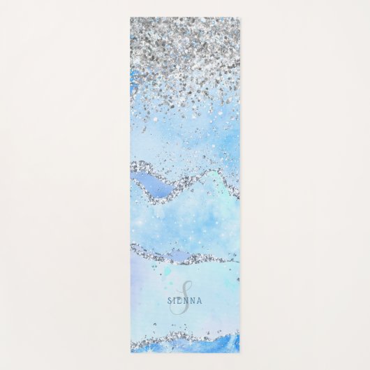 Luxe Blue Marble & Silverグリッター付/名前 – モノグラム ヨガマット (正面)