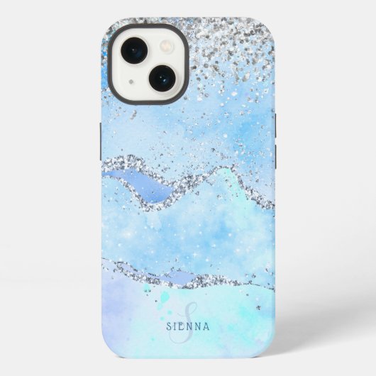 Luxe Blue Marble & Silverグリッター付/名前 – モノグラム iPhoneケース (裏面)