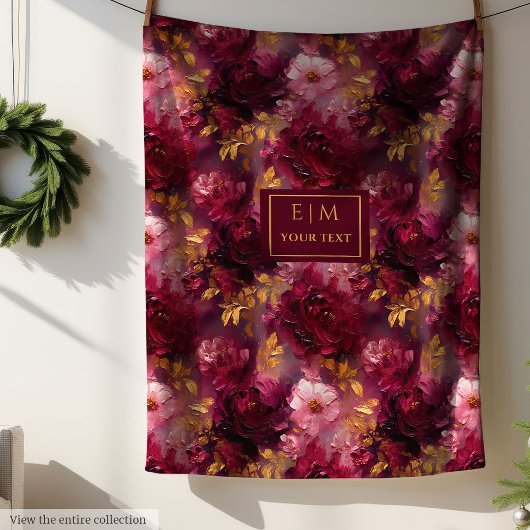 Luxe Blush Burgundy Gold Personalized Boho Floral  フリースブランケット