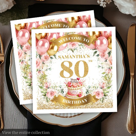 Luxe Blush Flowers 80th Birthday Paper Napkins スタンダードカクテルナプキン