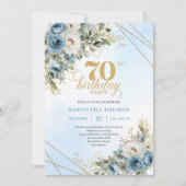 Luxe bohemian blue florals gold 70th birthday 招待状 (正面)