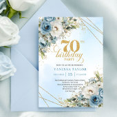 Luxe bohemian blue florals gold 70th birthday 招待状