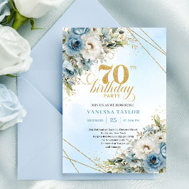 Luxe bohemian blue florals gold 70th birthday 招待状