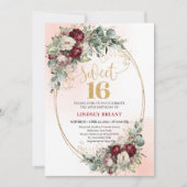 Luxe Bohemian Burgundy Floral Gold Sweet 16 Invite 招待状 (正面)