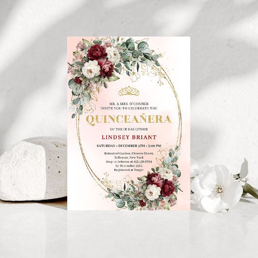Luxe Bohemian Burgundy Peonies Quinceañera Invites 招待状