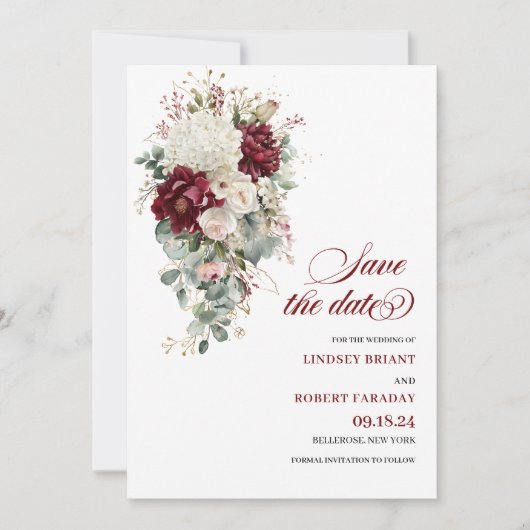 Luxe Boho Burgundy White Floral Save The Date 招待状 (正面)