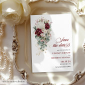 Luxe Boho Burgundy White Floral Save The Date 招待状