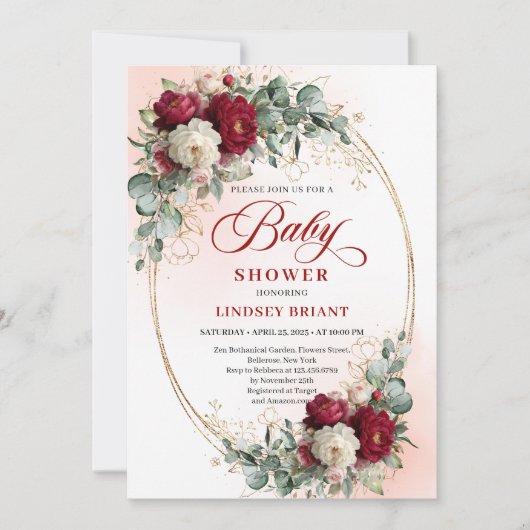 Luxe Boho Maroon Floral Gold Baby Shower Invitatio 招待状 (正面)