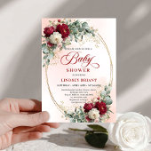 Luxe Boho Maroon Floral Gold Baby Shower Invitatio 招待状