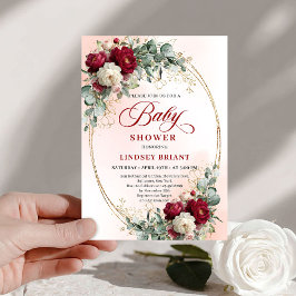 Luxe Boho Maroon Floral Gold Baby Shower Invitatio 招待状