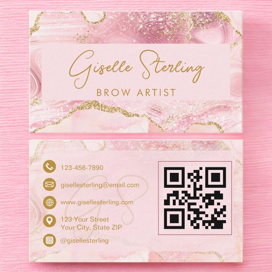 Luxe Brow Artist Blush Pink Gold Agate QR Code 名刺