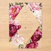 Luxe Burgundy and Blush Pink Peony Floral Wedding アクリル招待状 (正面)