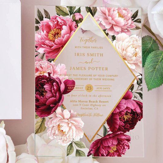 Luxe Burgundy and Blush Pink Peony Floral Wedding アクリル招待状