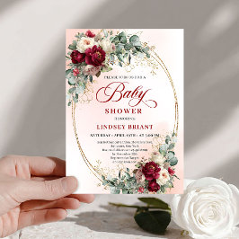 Luxe Burgundy Floral Bohemian Baby Shower Invite 招待状