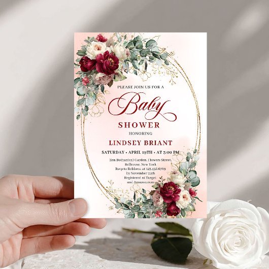 Luxe Burgundy Floral Bohemian Baby Shower Invite 招待状