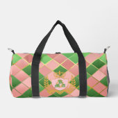 Luxe Chic Preppy Pink Green Argyle Monogram Crest ダッフルバッグ (正面)