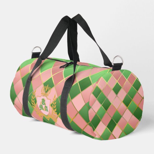 Luxe Chic Preppy Pink Green Argyle Monogram Crest ダッフルバッグ (左コーナー)