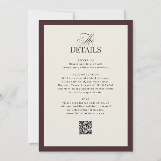Luxe Dark Red and Cream with RSVP QR Code Wedding 招待状 (裏面)