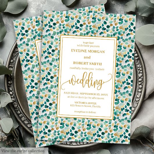 Luxe Deep Green Gold Greenery Wedding Invitation 招待状