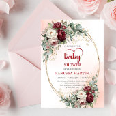 Luxe Deep Red Floral Heart-Shaped Font Baby Shower 招待状