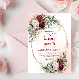 Luxe Deep Red Floral Heart-Shaped Font Baby Shower 招待状