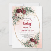 Luxe Deep Red Floral Heart-Shaped Font Baby Shower 招待状 (正面)