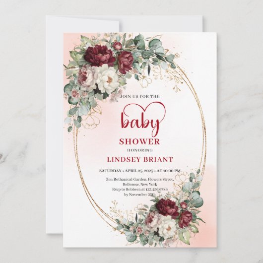 Luxe Deep Red Floral Heart-Shaped Font Baby Shower 招待状 (正面)