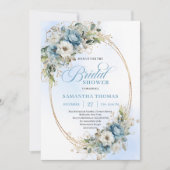 Luxe Dusty Blue Flowers Gold Frame Bridal Shower  招待状 (正面)