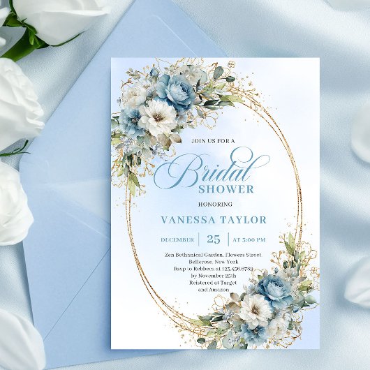 Luxe Dusty Blue Flowers Gold Frame Bridal Shower  招待状