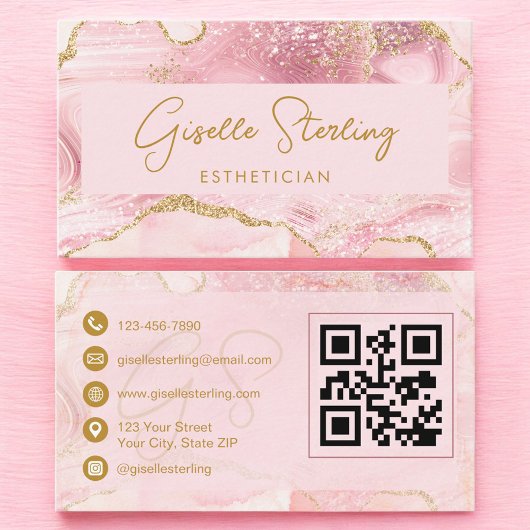 Luxe Esthetician Blush Pink Gold Agate QR Code 名刺