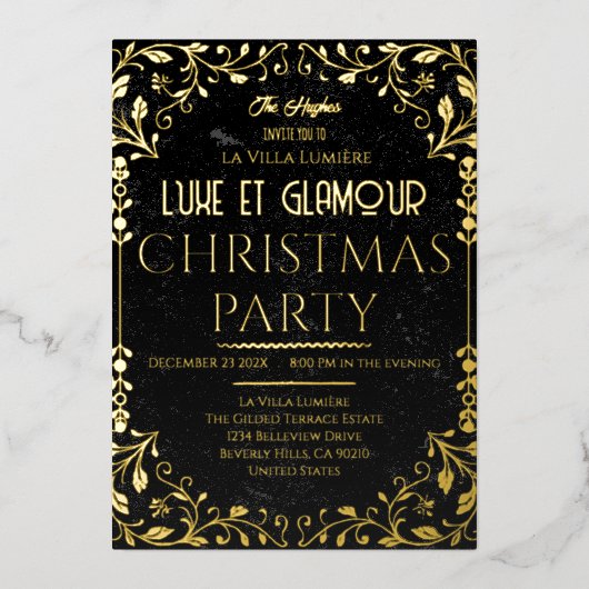 Luxe et Glamour Black Gold Christmas Invitation 箔招待状 (正面)