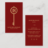 Luxe Faux Gold Skeleton Key Monogram Realtor Red 名刺 (正面/裏面)