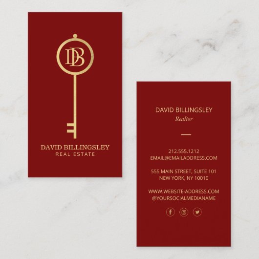 Luxe Faux Gold Skeleton Key Monogram Realtor Red 名刺 (正面/裏面)