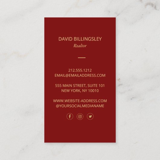 Luxe Faux Gold Skeleton Key Monogram Realtor Red 名刺 (裏面)