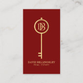 Luxe Faux Gold Skeleton Key Monogram Realtor Red 名刺 (正面)