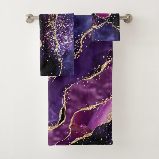 Luxe Gemstone Purple Gold Glitter Agate バスタオルセット (インサイチュ)