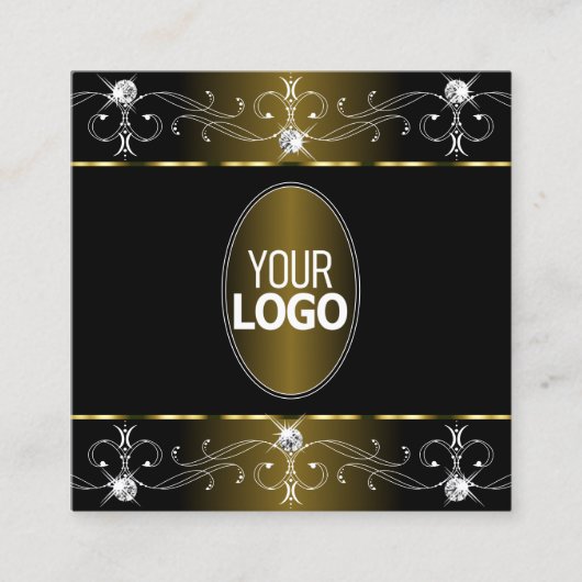 Luxe Glam金ゴールドとブラック華美オーナメントにロゴを追加 スクエア名刺 (正面)