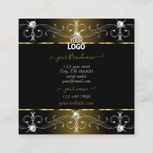 Luxe Glam金ゴールドとブラック華美オーナメントにロゴを追加 スクエア名刺 (裏面)